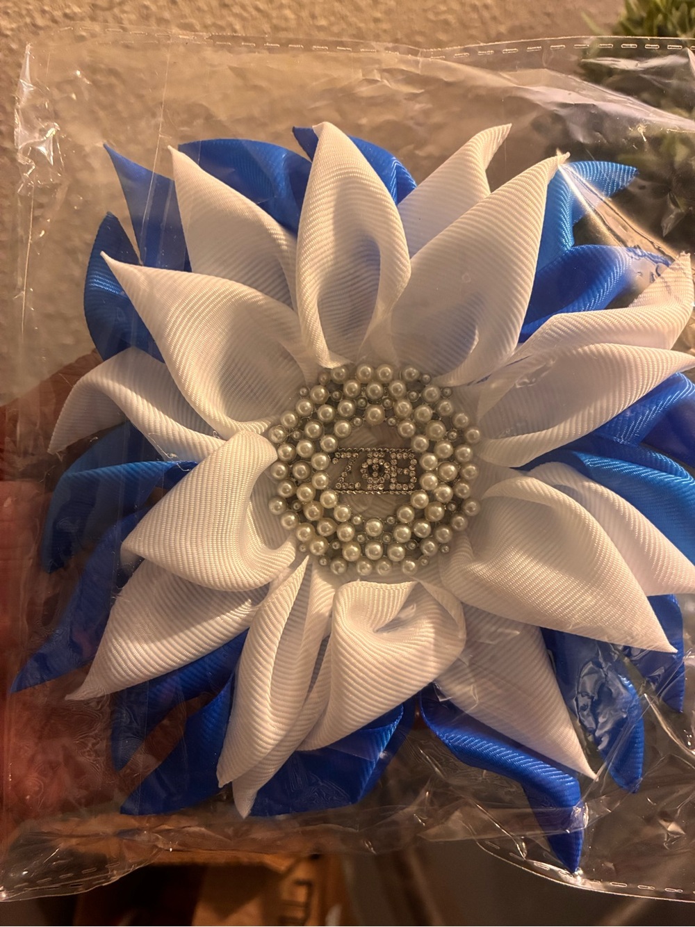 Zeta Phi Beta Blue and White Layered Ribbon Flower Corsage with Pearl Center
